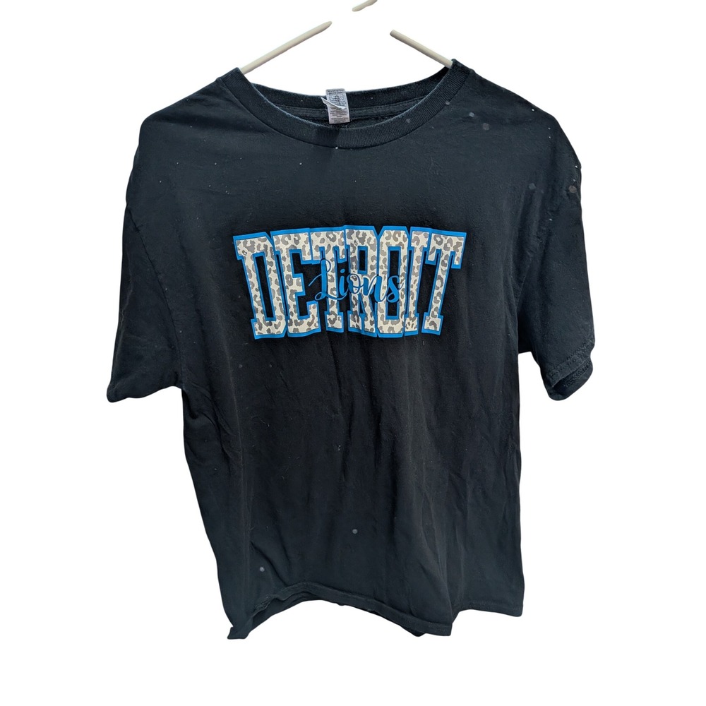Gildan‎ Detroit Lions Leopard Print Graphic T-Shirt Black Womens Large NFL Tee